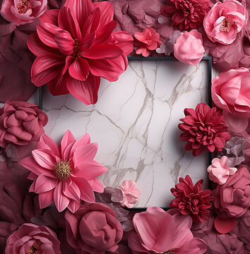 Square Frame background of pink and red flowers on marble surface. Copy space. Generative AI