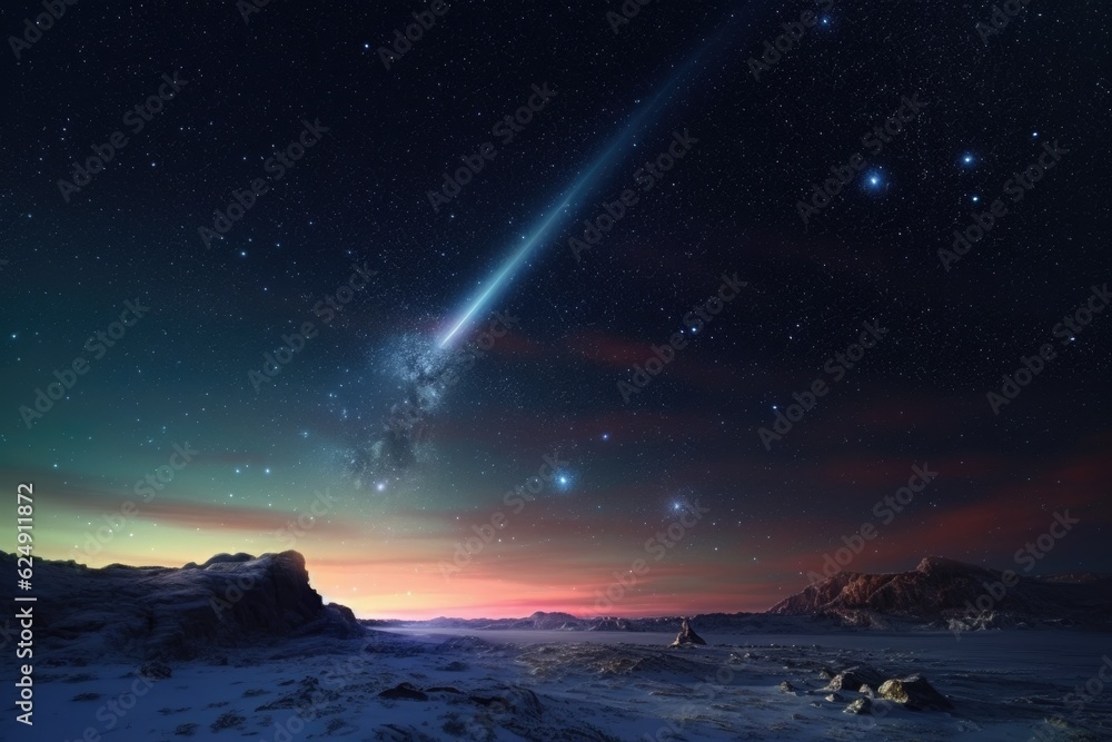 Wall mural comet passing by earth with distant galaxies, created with generative ai