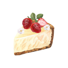 Watercolor dessert, piece of cheesecake with fresh strawberries. Hand-drawn illustration isolated on white background. Perfect food menu, food drawing, design packing, print