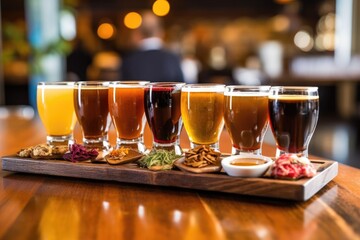 beer flight sampler with various craft brews, created with generative ai