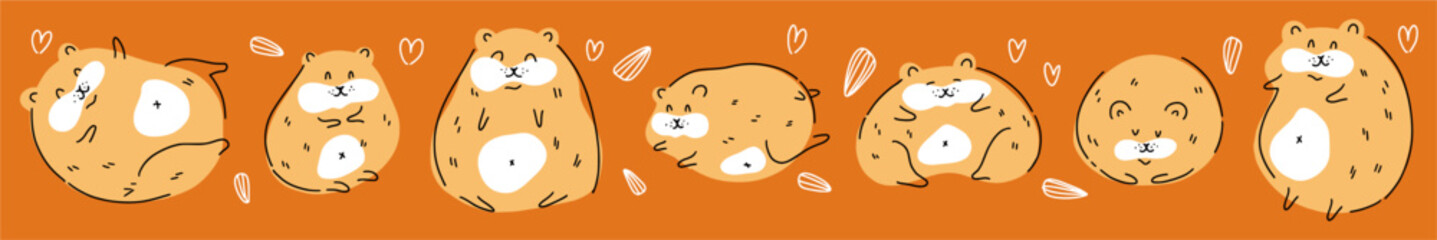 Vector collection of funny hamsters in different poses, hand-drawn in doodle style.