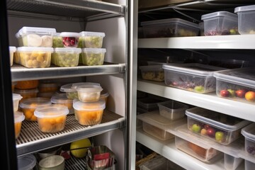 walk-in refrigerator filled with stackable plastic containers for easy storage of food, created with generative ai