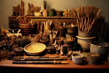 basket weaving tools and materials neatly organized, created with generative ai