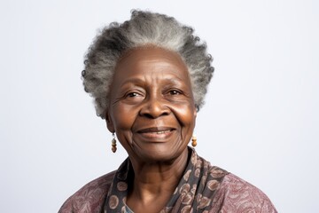 close-up portrait of a senior old black african american woman with grey hair, studio photo, isolated on white background. Generative AI