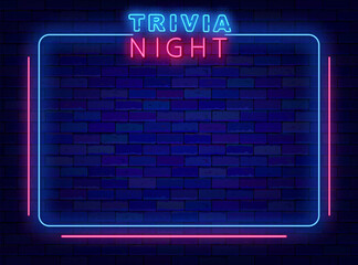 Trivia night neon banner. Blue striped frame. Quiz competition. Game event. Vector stock illustration