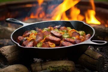 chorizo sizzling on a cast iron skillet above campfire flames, created with generative ai - obrazy, fototapety, plakaty