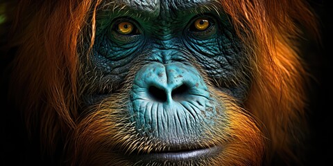 Obraz premium AI Generated. AI Generative. Orangutan monkey face portrait eyes watching on you. Mammal animal background view