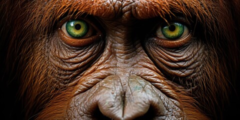 AI Generated. AI Generative. Orangutan monkey face portrain eyes watching on you. Mammal animal background view. Graphic Art