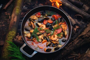 overhead view of cioppino preparation on a campfire, created with generative ai