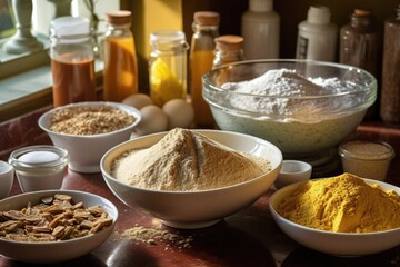 biscuit ingredients in bowls, ready for mixing, created with generative ai