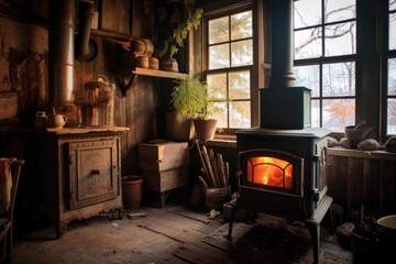 wood-burning stove in a rustic cabin interior, created with generative ai