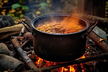 campfire goulash with steam rising from the pot, created with generative ai