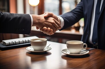 Close-up image of two businessmen shaking hands in a coffee shop