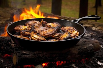 cast iron pan sizzling with oysters over fire, created with generative ai