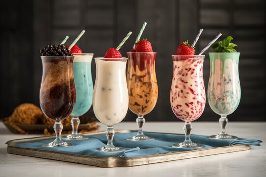 classic milkshake mixers and soda glasses, created with generative ai