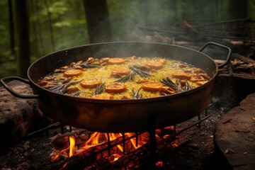 partially cooked paella with steam over fire, created with generative ai