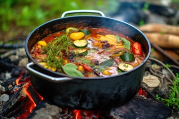 cooking ratatouille with a camping pot over open fire, created with generative ai