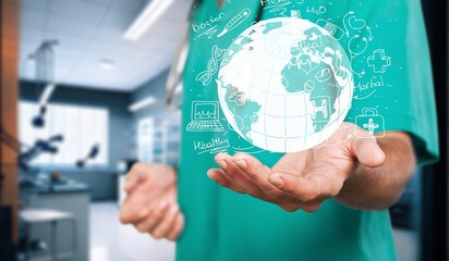 Hands of a doctor, healthcare hologram in hospital clinic.