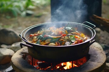 steaming pot of ratatouille on a campfire grill, created with generative ai