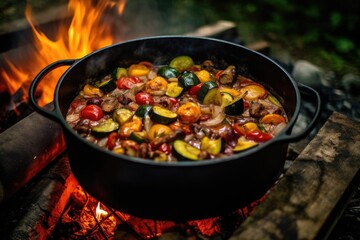 cooking ratatouille in a dutch oven suspended over a campfire, created with generative ai