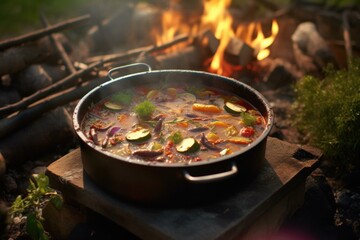 Fototapeta premium finished ratatouille dish steaming in a rustic camp setting, created with generative ai