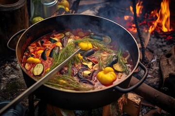 ingredients being stirred into a pot of ratatouille on a campfire, created with generative ai