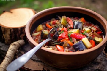 ratatouille served in a rustic camping bowl with a wooden spoon, created with generative ai
