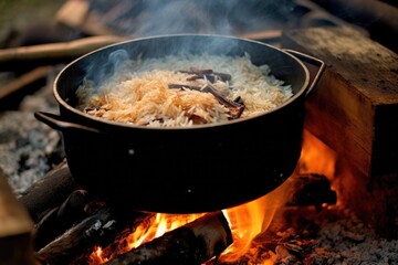 rice cooking in a pot over campfire flames, created with generative ai