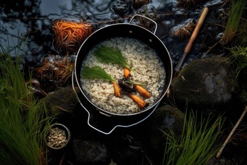 overhead view of rice cooking on campfire, surrounded by nature, created with generative ai