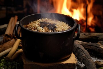campfire with rice and spices in a rustic pot, smoke rising, created with generative ai