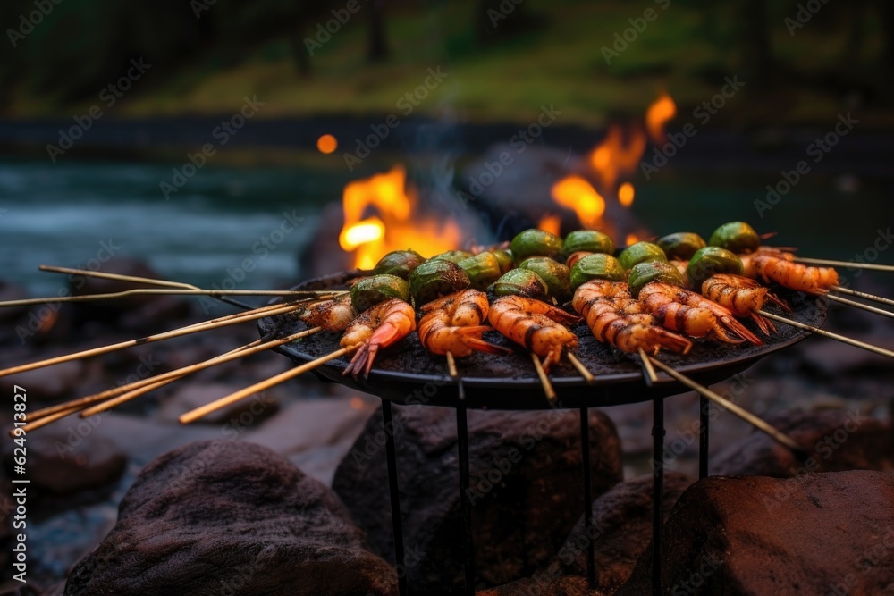 Wall mural charred shrimp on skewers with a campfire backdrop, created with generative ai