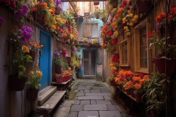 Fototapeta na wymiar narrow alleyway with vibrant flowers draping over walls, created with generative ai