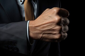 Businessman with clenched fist on black background, close-up