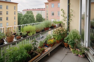 Fototapeta na wymiar balcony with window garden of herbs, flowers, and vegetable plants, created with generative ai