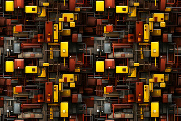 Abstract seamless pattern, tiling texture, geometric, digital, technology, yellow and dark red
