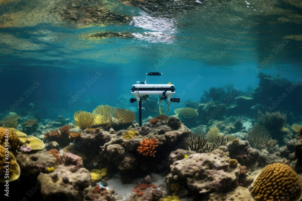 Wall mural underwater drone monitoring coral restoration, created with generative ai - Wall murals