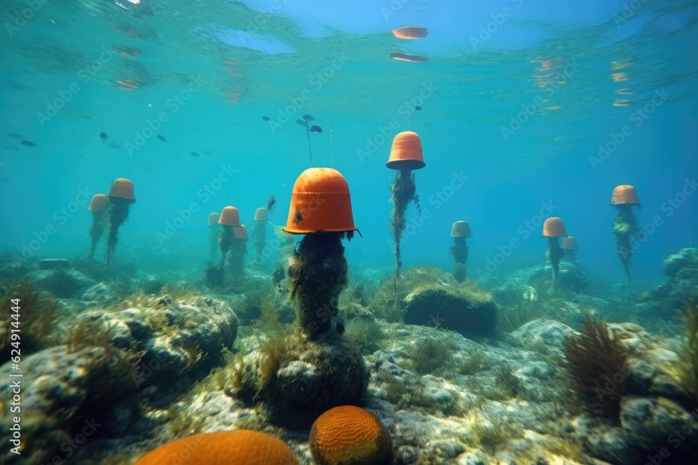 Sticker coral restoration zone marked by buoys, created with generative ai