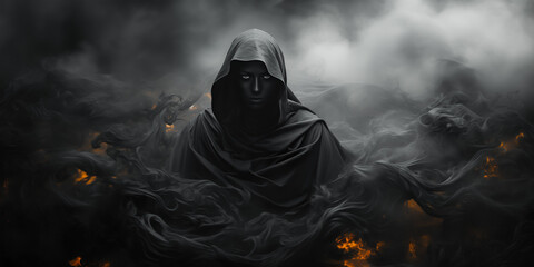 Fototapeta na wymiar Dark scene with a scary dark figure in a black hooded cloak standing in the middle of the smoke and fire