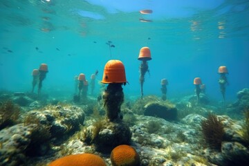 Fototapeta na wymiar coral restoration zone marked by buoys, created with generative ai