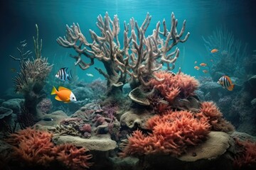 Fototapeta na wymiar fish swimming around newly-planted corals, created with generative ai