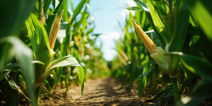 Corn field, harvesting, eco-friendly products. Generative AI