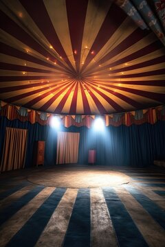 inside view of empty circus tent with spotlight, created with generative ai
