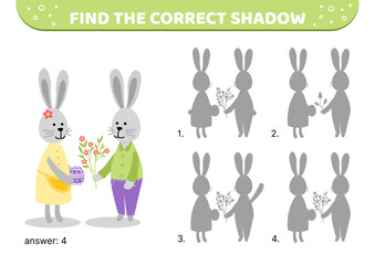 Couple of Easter bunnies. Find the correct shadow. Shadow matching game. Cartoon, vector