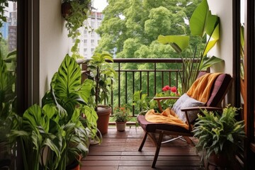 small balcony oasis with greenery and comfy chair, created with generative ai