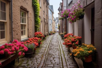 Fototapeta premium cobblestone alleyway with blooming flowers in window boxes, created with generative ai
