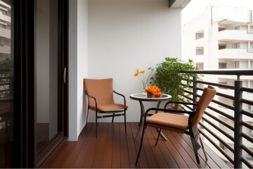 modern minimalist balcony with sleek chair and table, created with generative ai