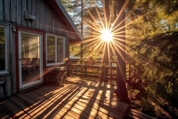 Fototapeta na wymiar sunlight peeking through trees onto cabin deck, created with generative ai