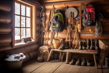 Fototapeta na wymiar snowshoes and winter gear leaning against cabin wall, created with generative ai