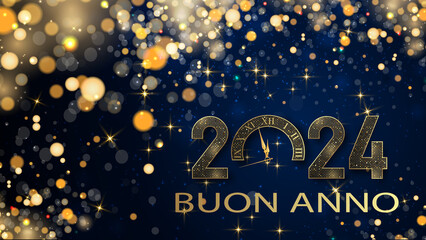 carta o banner per augurare un felice anno nuovo 2024 in oro lo 0 è un orologio su uno sfondo sfumato blu scuro con stelle e cerchi in colore oro con effetto bokeh
