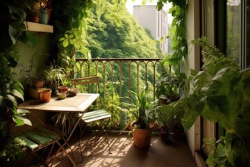 tiny balcony space with a foldable table and chair, surrounded by lush climbing plants, created with generative ai